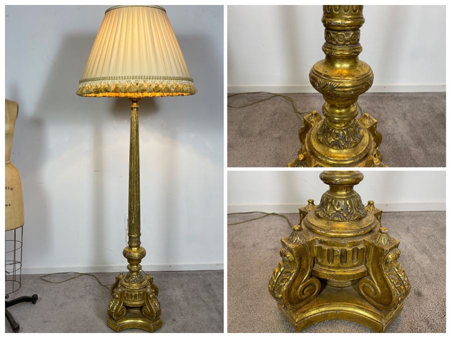 Stunning High-End Carved Wooden Floor Lamp 23K Gold Gilded Owned By Former Miss Oregon 67'H (Client Paid $5,000 For Lamp)