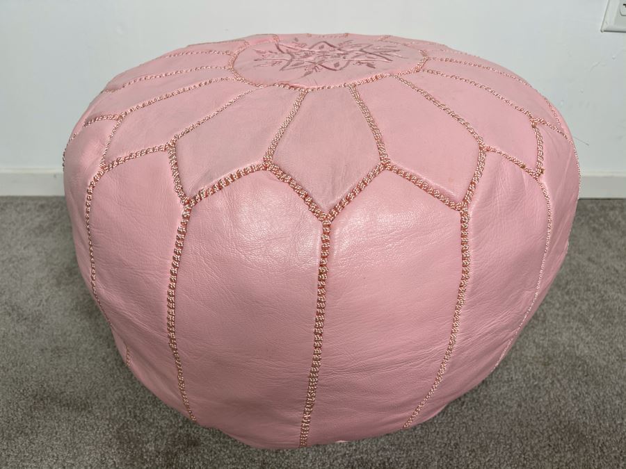 Moroccan Leather Pouf Ottoman Footstool In Pink Apx 22'W X 13'H Retails $225 (Had Extras From Last Sale) [Photo 1]