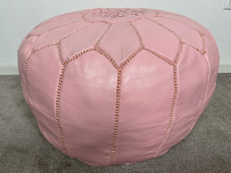 Moroccan Leather Pouf Ottoman Footstool In Pink Apx 22'W X 13'H Retails $225 (Had Extras From Last Sale) [Photo 2]