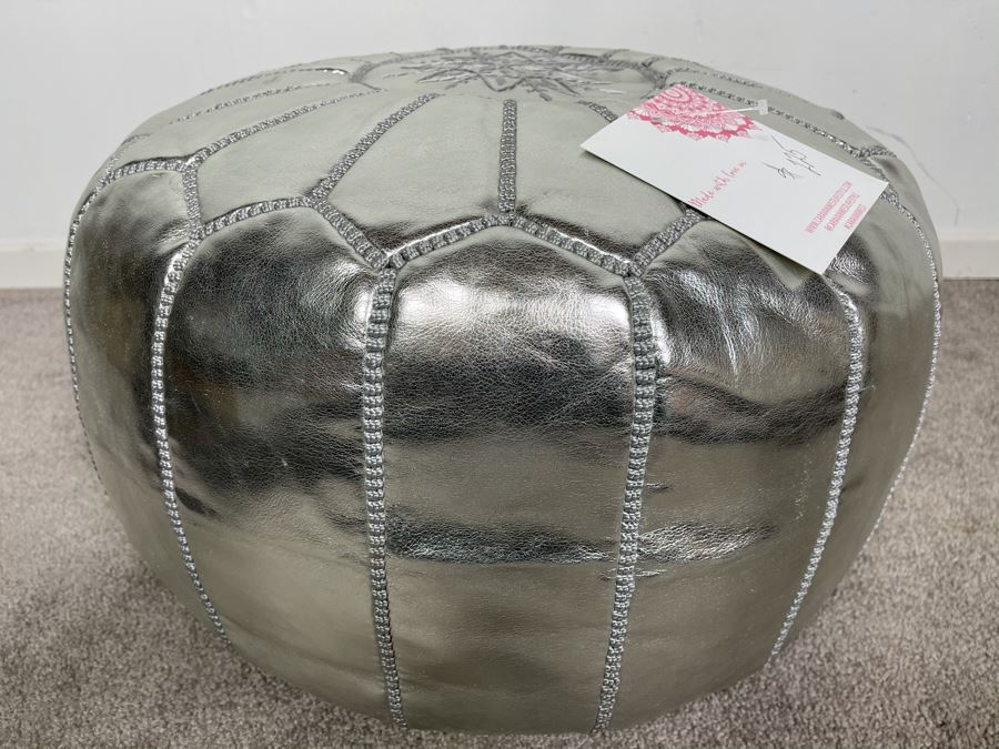 Moroccan Leather Pouf Ottoman Footstool In Silver Apx 22'W X 13'H Retails $225 (Had Extras From Last Sale) [Photo 2]