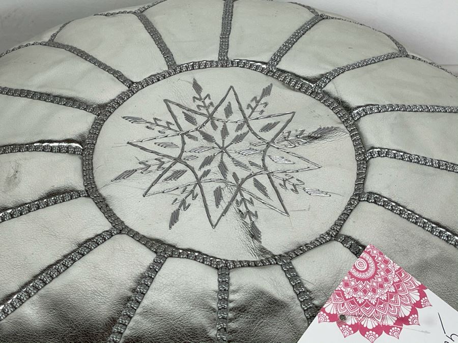 Moroccan Leather Pouf Ottoman Footstool In Silver Apx 22'W X 13'H Retails $225 (Had Extras From Last Sale) [Photo 3]