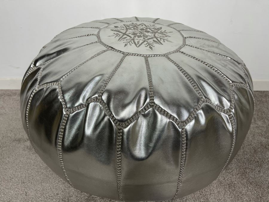 Moroccan Leather Pouf Ottoman Footstool In Silver Apx 22'W X 13'H Retails $225 (Had Extras From Last Sale) [Photo 6]