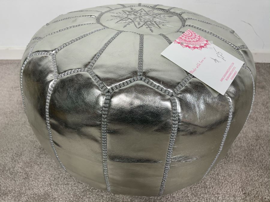 Moroccan Leather Pouf Ottoman Footstool In Silver Apx 22'W X 13'H Retails $225 (Had Extras From Last Sale)