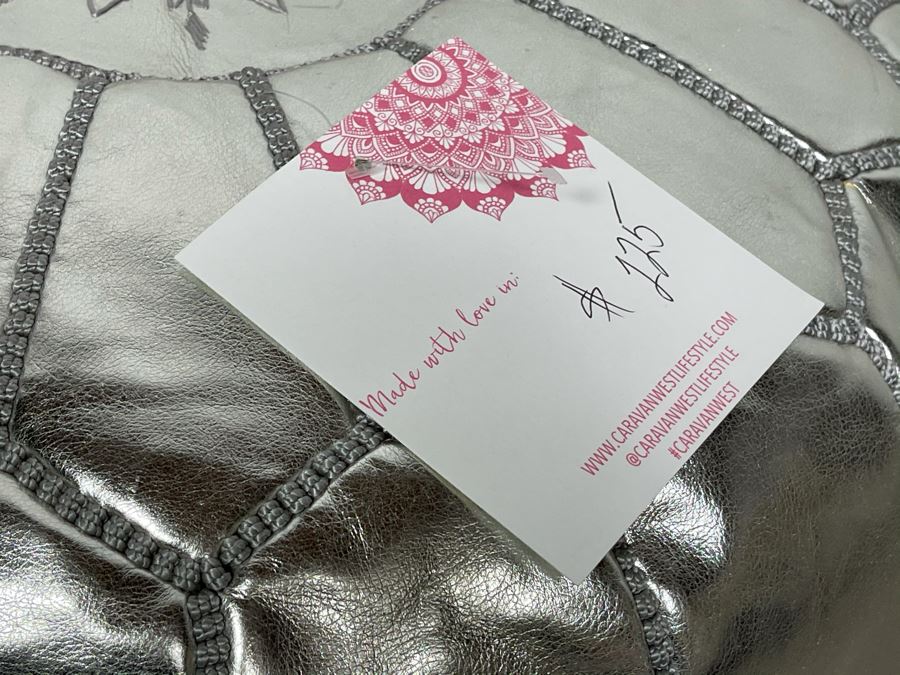 Moroccan Leather Pouf Ottoman Footstool In Silver Apx 22'W X 13'H Retails $225 (Had Extras From Last Sale) [Photo 4]