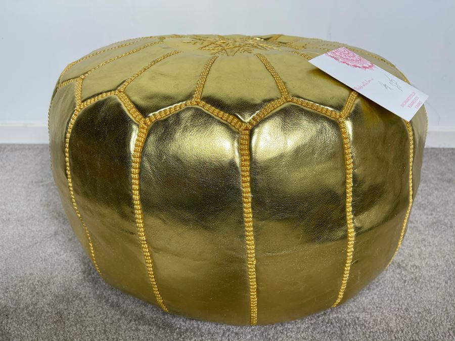 Moroccan Leather Pouf Ottoman Footstool In Gold Apx 22'W X 13'H Retails $225 (Had Extras From Last Sale) [Photo 2]