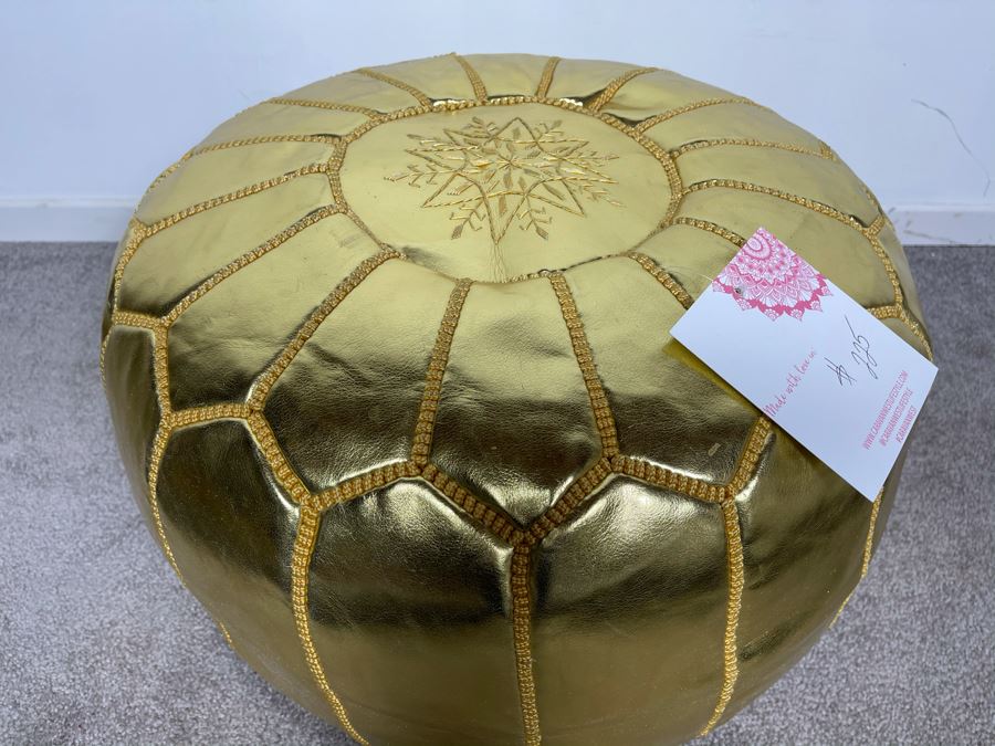 Moroccan Leather Pouf Ottoman Footstool In Gold Apx 22'W X 13'H Retails $225 (Had Extras From Last Sale) [Photo 1]