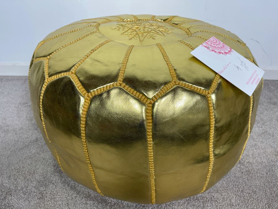 Moroccan Leather Pouf Ottoman Footstool In Gold Apx 22'W X 13'H Retails $225 (Had Extras From Last Sale) [Photo 3]