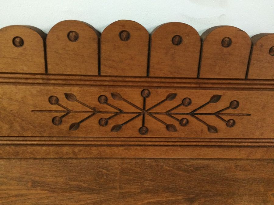 Vintage Child's Wooden Carved Bed on Metal Casters [Photo 2]