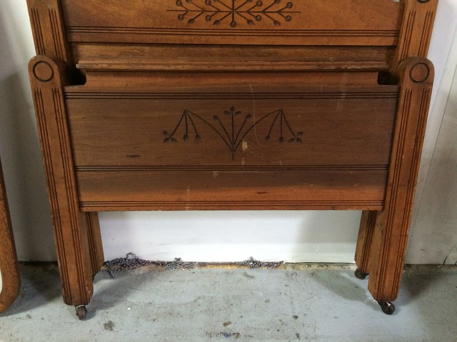 Vintage Child's Wooden Carved Bed on Metal Casters [Photo 6]