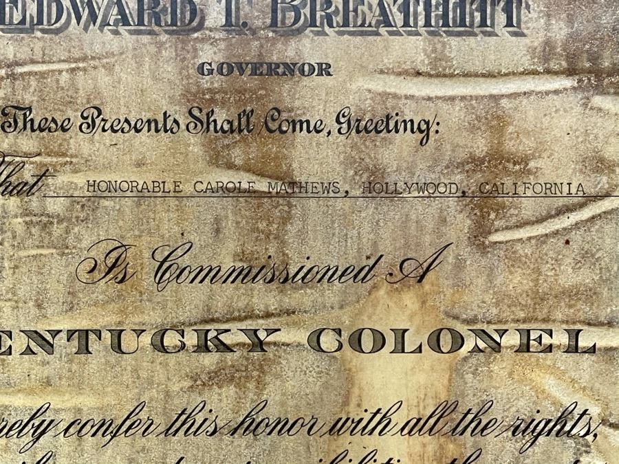 Vintage 1966 Laminated Kentucky Colonel Certificated Awarded To 'Honorable Carole Mathews, Hollywood, California' By Governor Edward (Ned) T. Breathitt 11.5 X 17 [Photo 4]