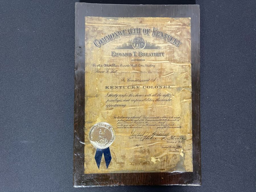 Vintage 1966 Laminated Kentucky Colonel Certificated Awarded To 'Honorable Carole Mathews, Hollywood, California' By Governor Edward (Ned) T. Breathitt 11.5 X 17 [Photo 1]