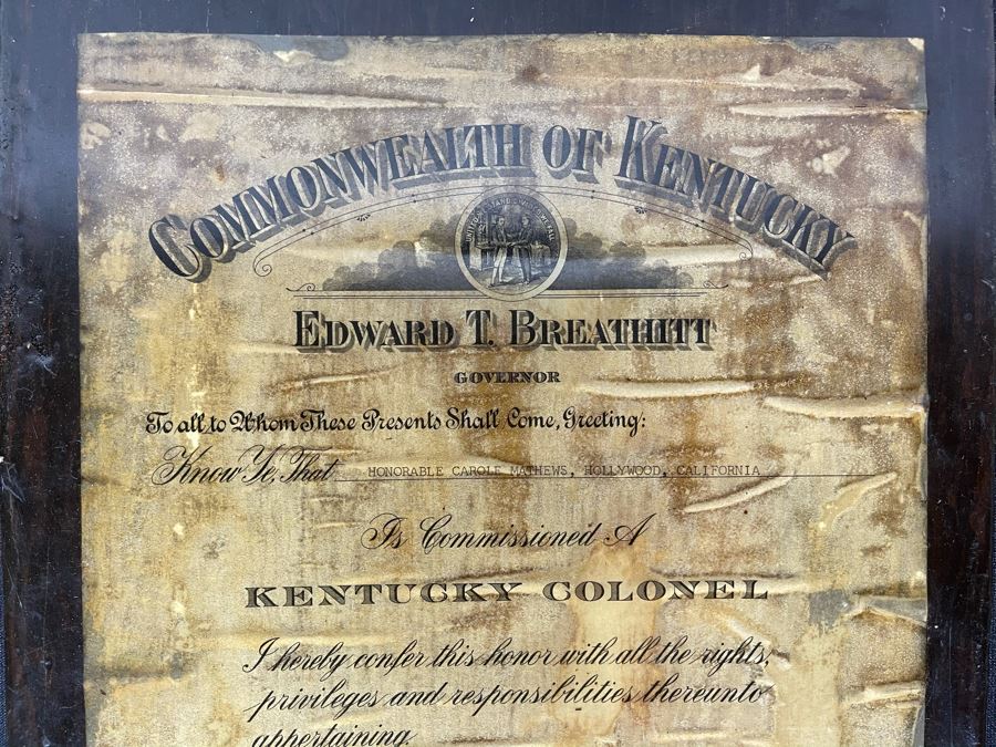 Vintage 1966 Laminated Kentucky Colonel Certificated Awarded To 'Honorable Carole Mathews, Hollywood, California' By Governor Edward (Ned) T. Breathitt 11.5 X 17 [Photo 3]