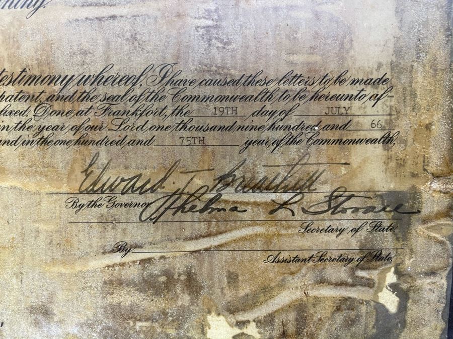 Vintage 1966 Laminated Kentucky Colonel Certificated Awarded To 'Honorable Carole Mathews, Hollywood, California' By Governor Edward (Ned) T. Breathitt 11.5 X 17 [Photo 6]