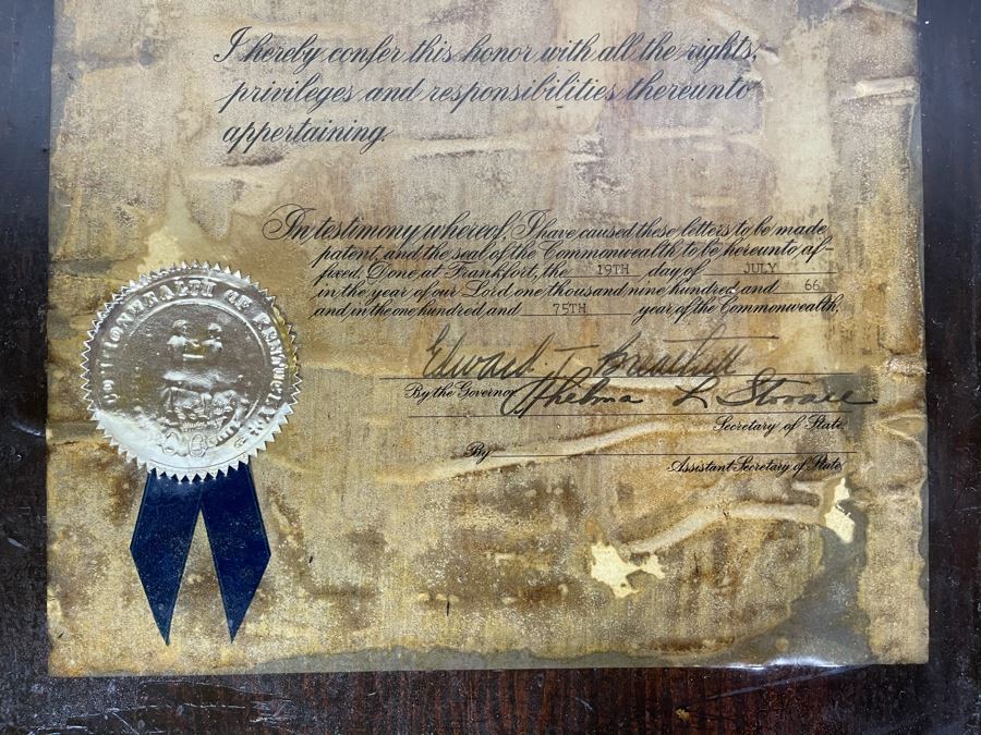 Vintage 1966 Laminated Kentucky Colonel Certificated Awarded To 'Honorable Carole Mathews, Hollywood, California' By Governor Edward (Ned) T. Breathitt 11.5 X 17 [Photo 5]