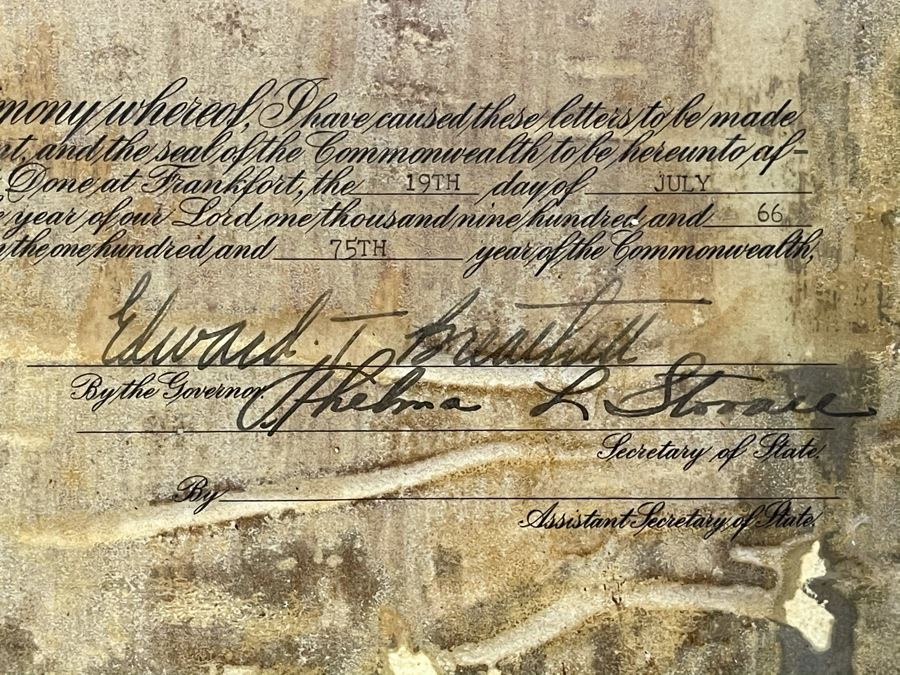 Vintage 1966 Laminated Kentucky Colonel Certificated Awarded To 'Honorable Carole Mathews, Hollywood, California' By Governor Edward (Ned) T. Breathitt 11.5 X 17 [Photo 7]