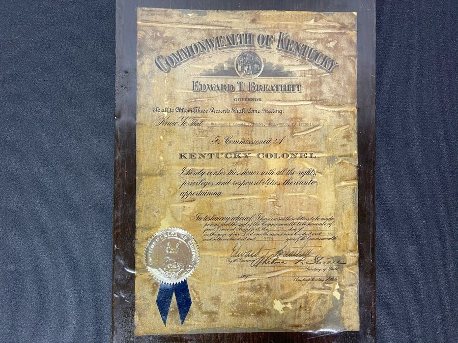 Vintage 1966 Laminated Kentucky Colonel Certificated Awarded To 'Honorable Carole Mathews, Hollywood, California' By Governor Edward (Ned) T. Breathitt 11.5 X 17 [Photo 2]