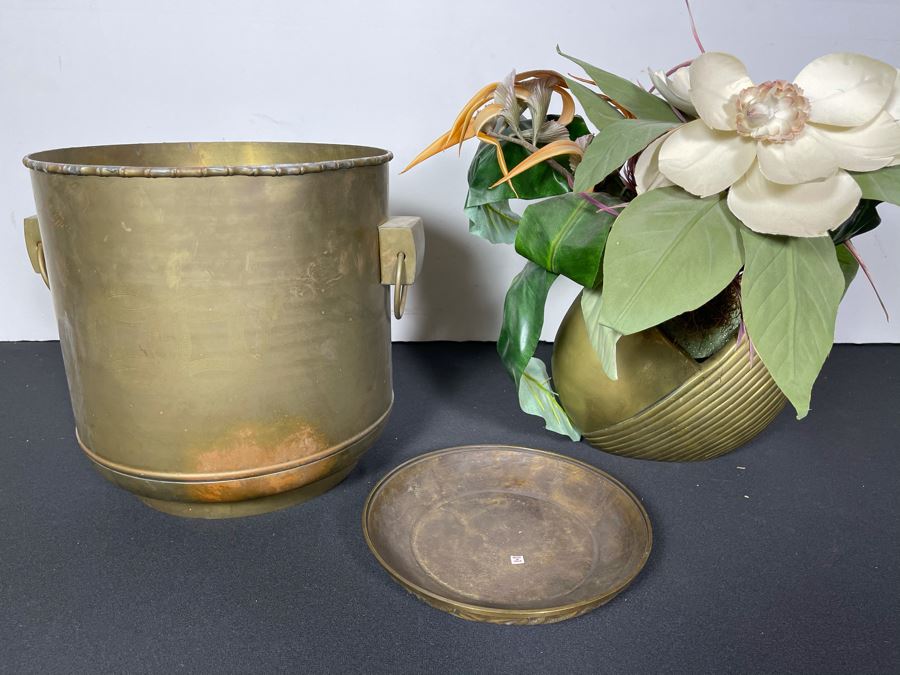 Large Brass Flower Pot 12 X 12, Brass Vase With Artificial Flowers And Heavy Brass Plate From India [Photo 1]