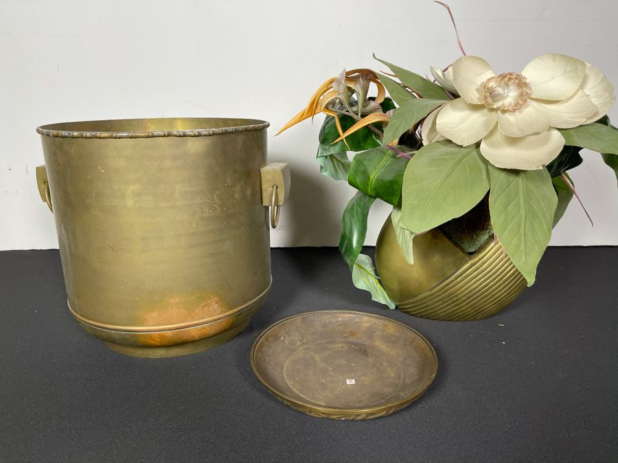 Large Brass Flower Pot 12 X 12, Brass Vase With Artificial Flowers And Heavy Brass Plate From India [Photo 2]