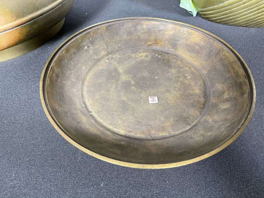 Large Brass Flower Pot 12 X 12, Brass Vase With Artificial Flowers And Heavy Brass Plate From India [Photo 4]