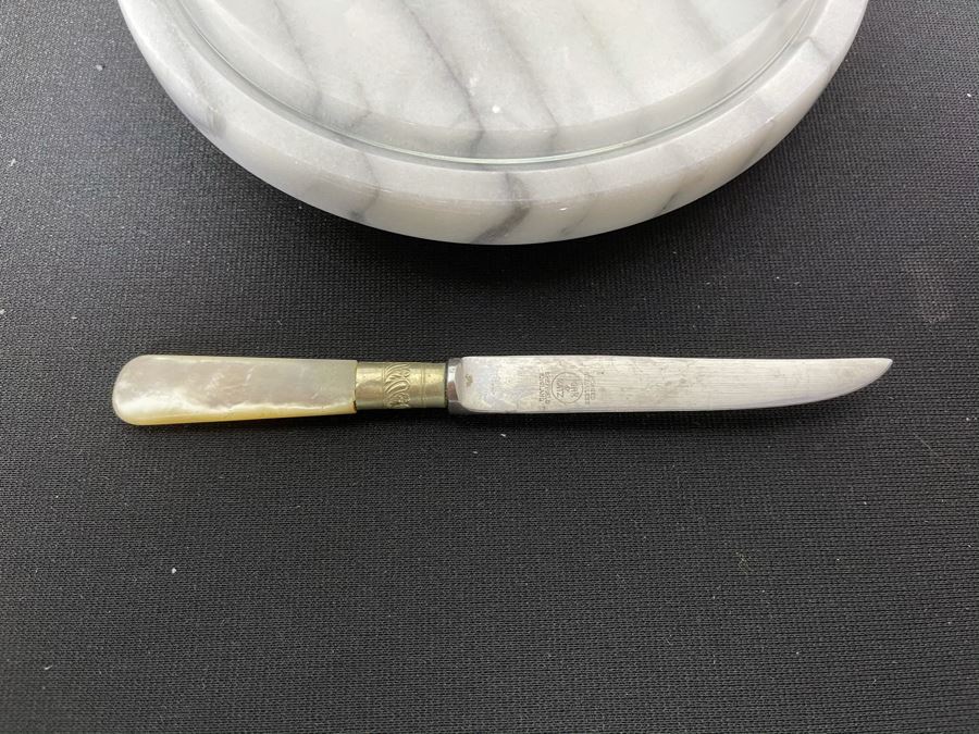 Marble Base Serving Plate With Glass Dome Lid And Mother Of Pearl Handle Sheffield England Knife 7.5 X 6 [Photo 3]