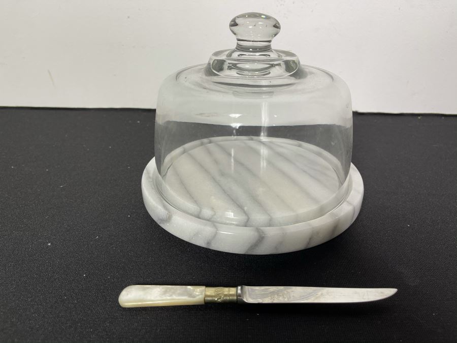Marble Base Serving Plate With Glass Dome Lid And Mother Of Pearl Handle Sheffield England Knife 7.5 X 6 [Photo 2]