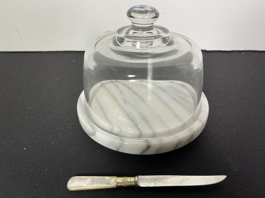 Marble Base Serving Plate With Glass Dome Lid And Mother Of Pearl Handle Sheffield England Knife 7.5 X 6
