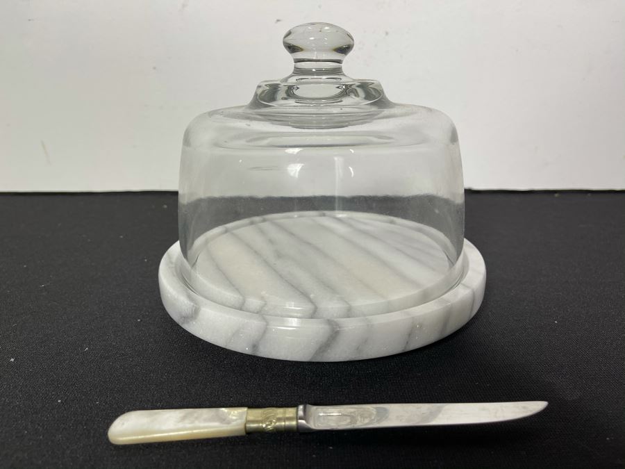 Marble Base Serving Plate With Glass Dome Lid And Mother Of Pearl Handle Sheffield England Knife 7.5 X 6 [Photo 6]