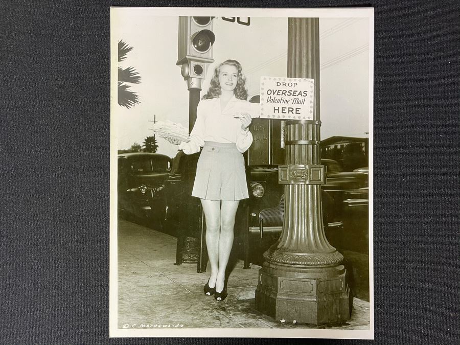 Actress Carole Mathews Old Hollywood B&W WWII Era Photograph 'Drop Overseas Valentine Mail Here' 8.5 X 11 [Photo 1]