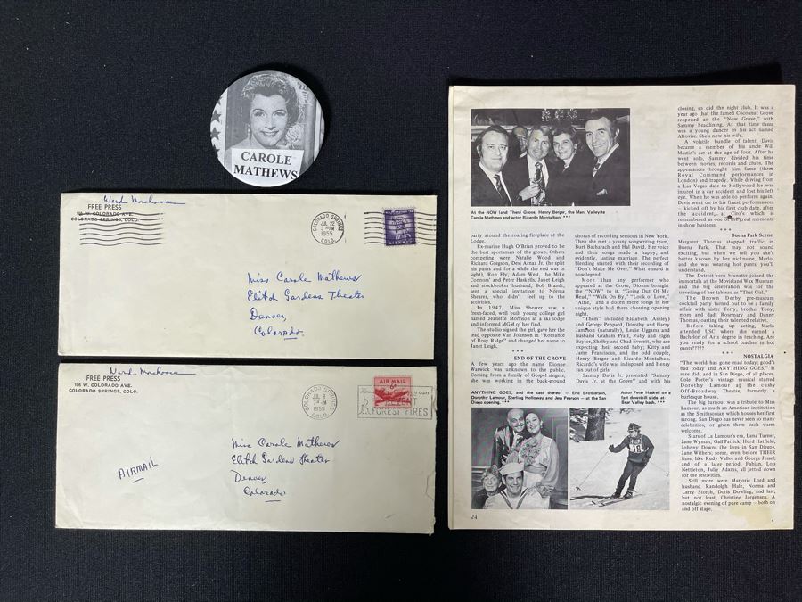 Pair Of Personal Letters Postmarked To Actress Carole Mathews, Button And Hollywood Studio Magazine Showing Picture Of 'Valleyite' Carole Mathews With Actor Ricardo Montalban [Photo 1]