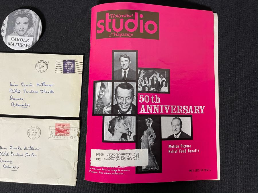 Pair Of Personal Letters Postmarked To Actress Carole Mathews, Button And Hollywood Studio Magazine Showing Picture Of 'Valleyite' Carole Mathews With Actor Ricardo Montalban [Photo 7]