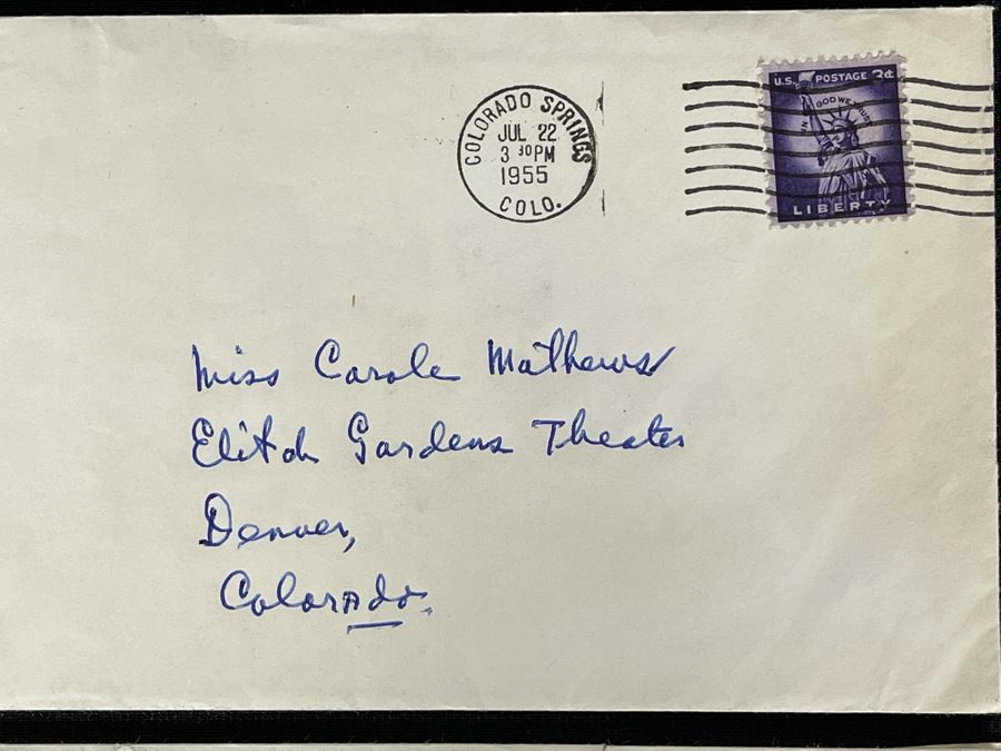 Pair Of Personal Letters Postmarked To Actress Carole Mathews, Button And Hollywood Studio Magazine Showing Picture Of 'Valleyite' Carole Mathews With Actor Ricardo Montalban [Photo 4]