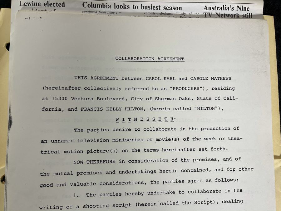 Documentary Summary And Unsigned Agreement Contract Between Francesca Hilton (Daughter Of Zsa Zsa Gabor And Conrad Hilton) And Carole Mathews For Documentary 'Put Your Little Foot' The Story Of Conrad N. Hilton  (Founder Of The Hilton Hotels Chain) [Photo 3]