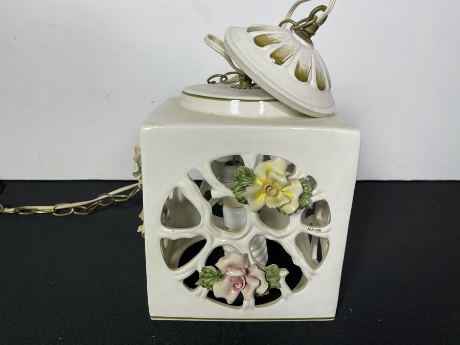 Signed Italian Handmade Capodimonte Porcelain Floral Relief Design Hanging Light Fixture With Outlet Plug 8'W X 9.5'H [Photo 3]