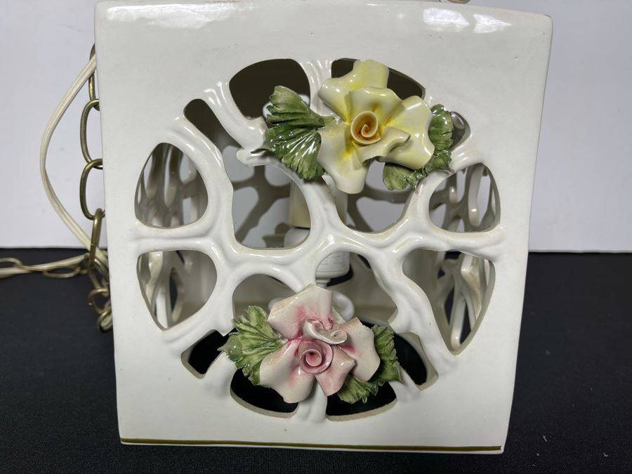 Signed Italian Handmade Capodimonte Porcelain Floral Relief Design Hanging Light Fixture With Outlet Plug 8'W X 9.5'H [Photo 14]