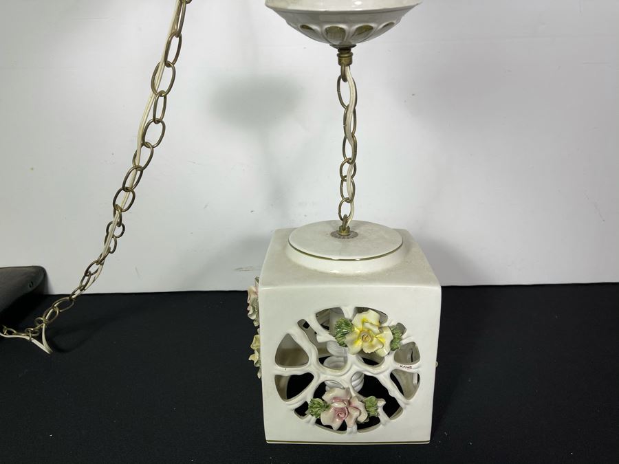 Signed Italian Handmade Capodimonte Porcelain Floral Relief Design Hanging Light Fixture With Outlet Plug 8'W X 9.5'H [Photo 8]