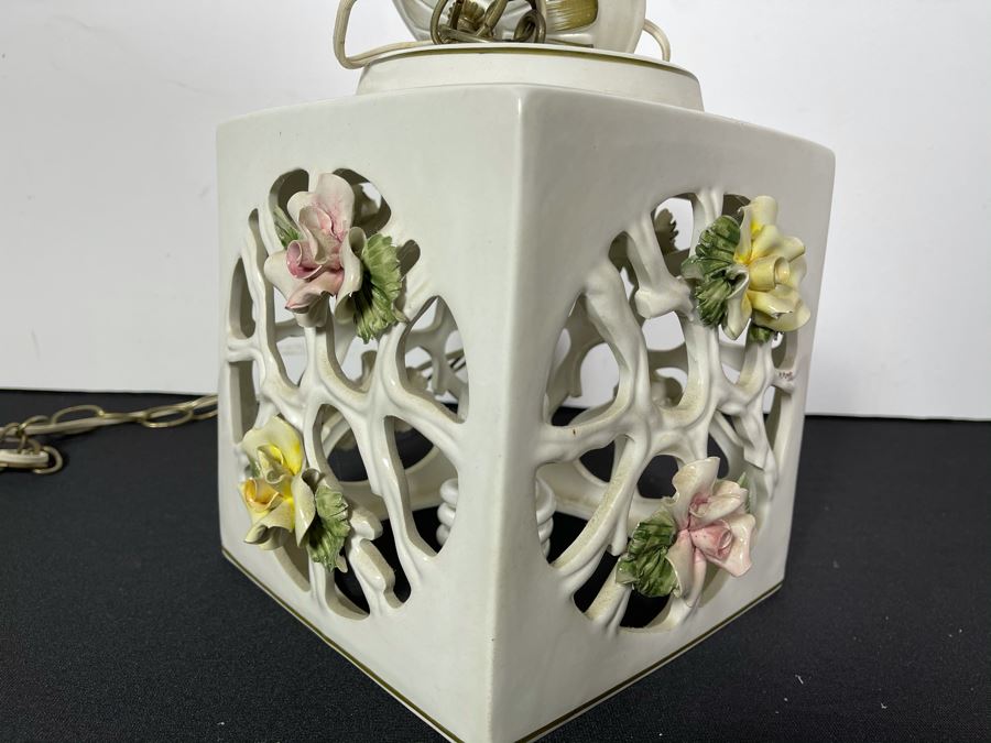 Signed Italian Handmade Capodimonte Porcelain Floral Relief Design Hanging Light Fixture With Outlet Plug 8'W X 9.5'H [Photo 12]