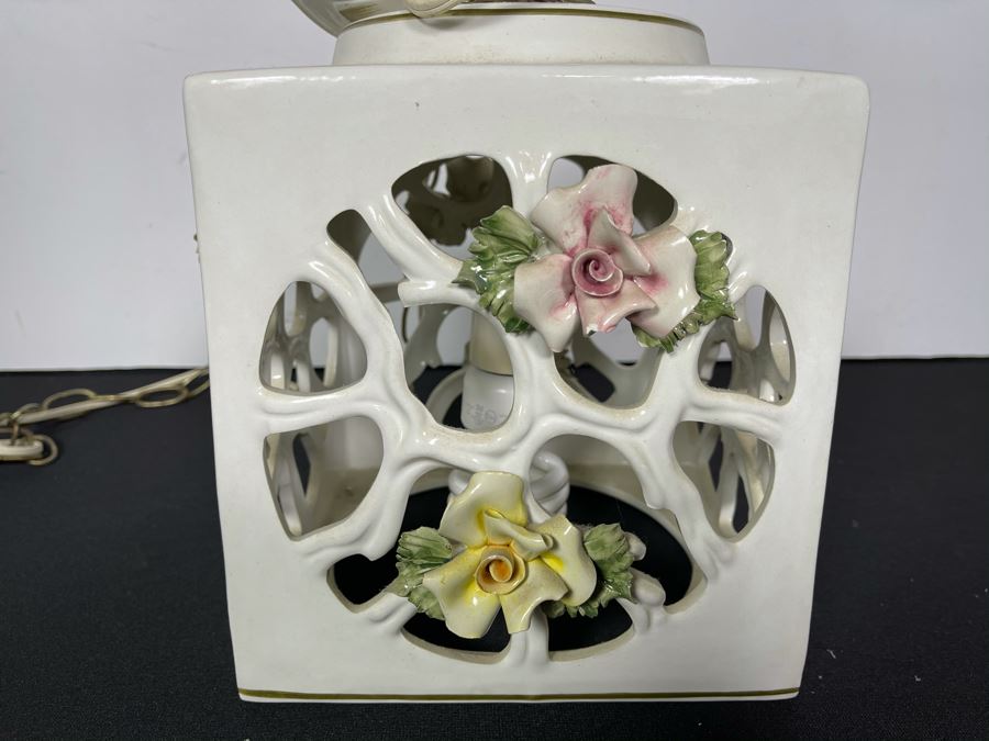 Signed Italian Handmade Capodimonte Porcelain Floral Relief Design Hanging Light Fixture With Outlet Plug 8'W X 9.5'H [Photo 13]