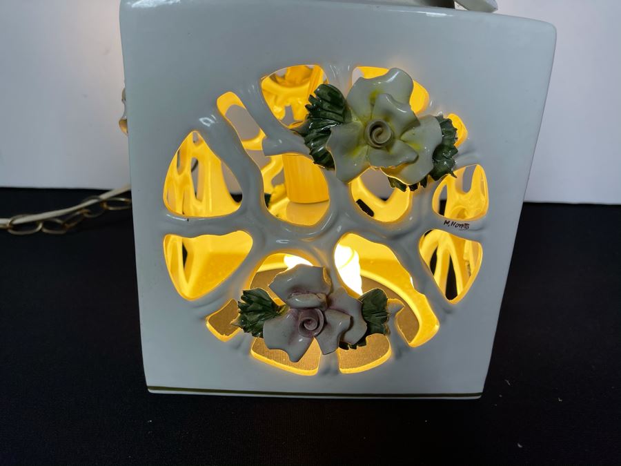 Signed Italian Handmade Capodimonte Porcelain Floral Relief Design Hanging Light Fixture With Outlet Plug 8'W X 9.5'H [Photo 5]