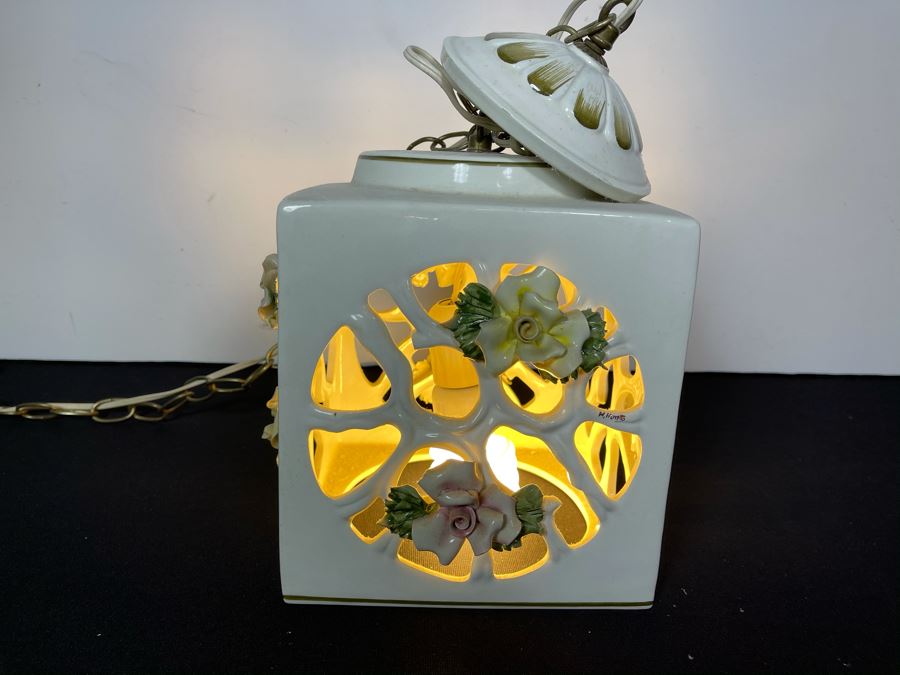 Signed Italian Handmade Capodimonte Porcelain Floral Relief Design Hanging Light Fixture With Outlet Plug 8'W X 9.5'H [Photo 4]