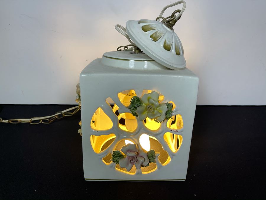 Signed Italian Handmade Capodimonte Porcelain Floral Relief Design Hanging Light Fixture With Outlet Plug 8'W X 9.5'H [Photo 2]