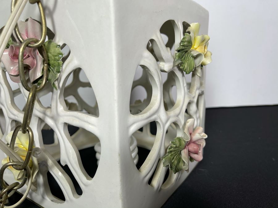 Signed Italian Handmade Capodimonte Porcelain Floral Relief Design Hanging Light Fixture With Outlet Plug 8'W X 9.5'H [Photo 15]