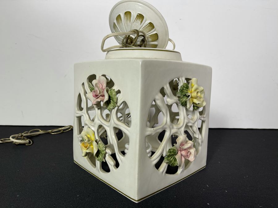 Signed Italian Handmade Capodimonte Porcelain Floral Relief Design Hanging Light Fixture With Outlet Plug 8'W X 9.5'H [Photo 11]