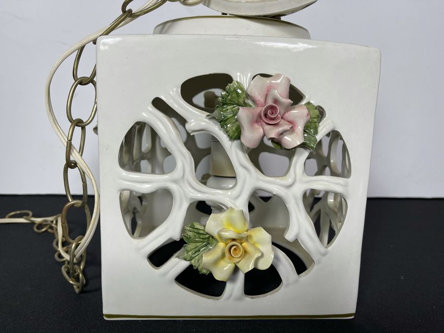 Signed Italian Handmade Capodimonte Porcelain Floral Relief Design Hanging Light Fixture With Outlet Plug 8'W X 9.5'H [Photo 16]