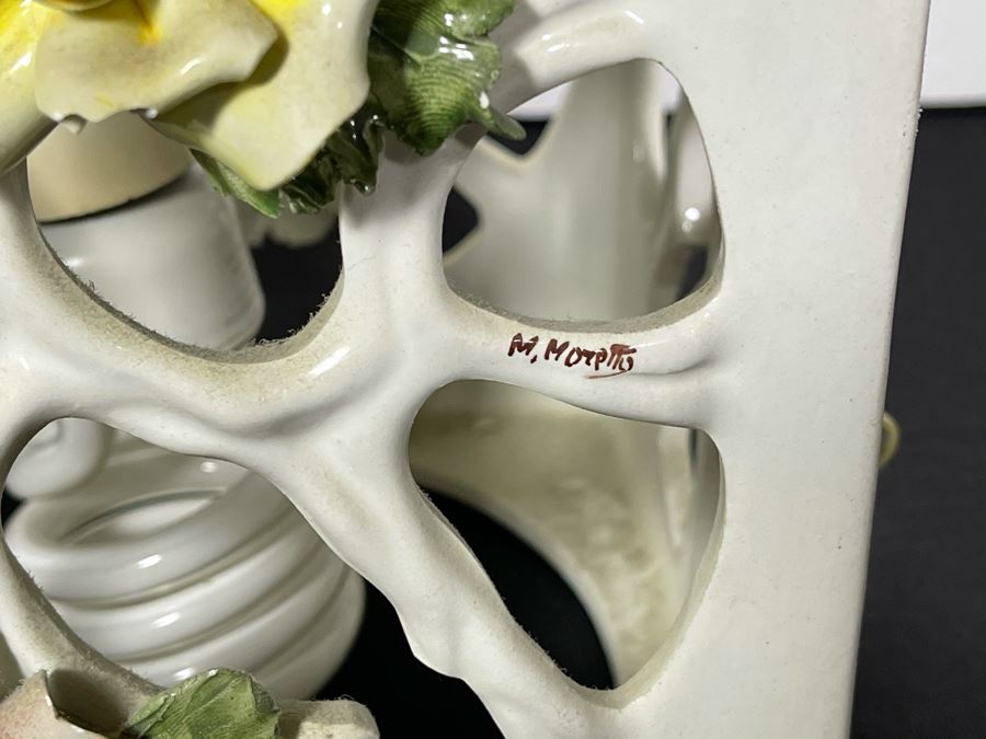 Signed Italian Handmade Capodimonte Porcelain Floral Relief Design Hanging Light Fixture With Outlet Plug 8'W X 9.5'H [Photo 6]