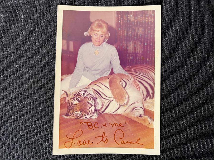 Vintage 1974 Mind-Blowing Photo Signed By Azure Dee Titled B.C. & Me Showing Azure Petting 310lb Sumatran Tiger 3.5 X 5