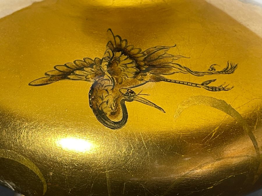 Gold Tone Asian Table Lamp Featuring Cranes And Wooden Stand 19'H [Photo 7]