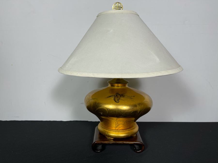 Gold Tone Asian Table Lamp Featuring Cranes And Wooden Stand 19'H [Photo 5]