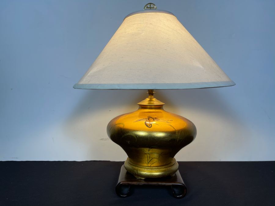 Gold Tone Asian Table Lamp Featuring Cranes And Wooden Stand 19'H [Photo 4]