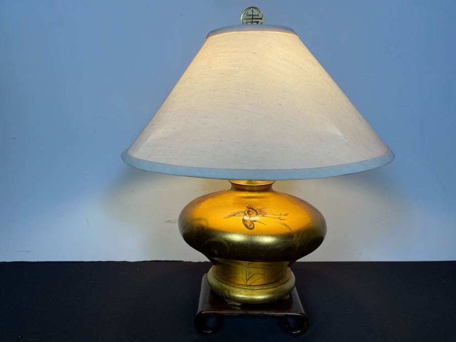Gold Tone Asian Table Lamp Featuring Cranes And Wooden Stand 19'H [Photo 2]