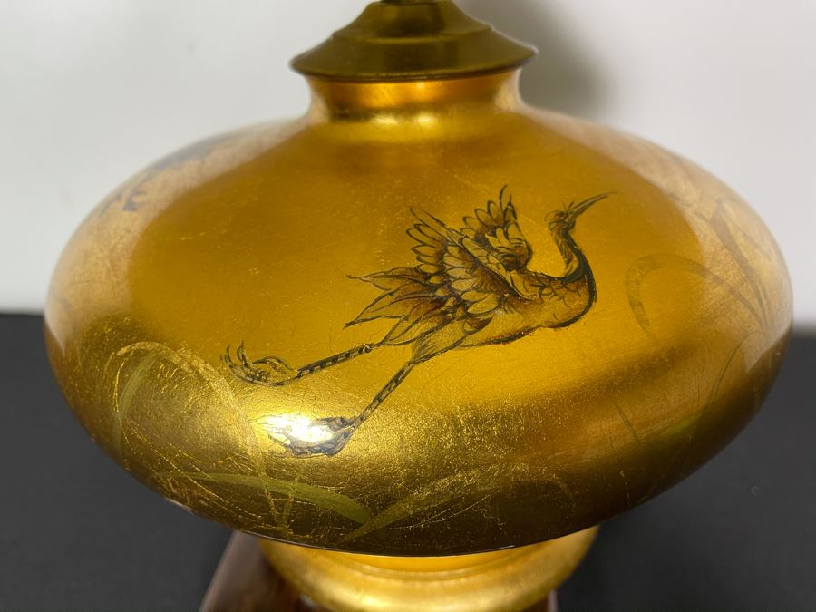 Gold Tone Asian Table Lamp Featuring Cranes And Wooden Stand 19'H [Photo 10]